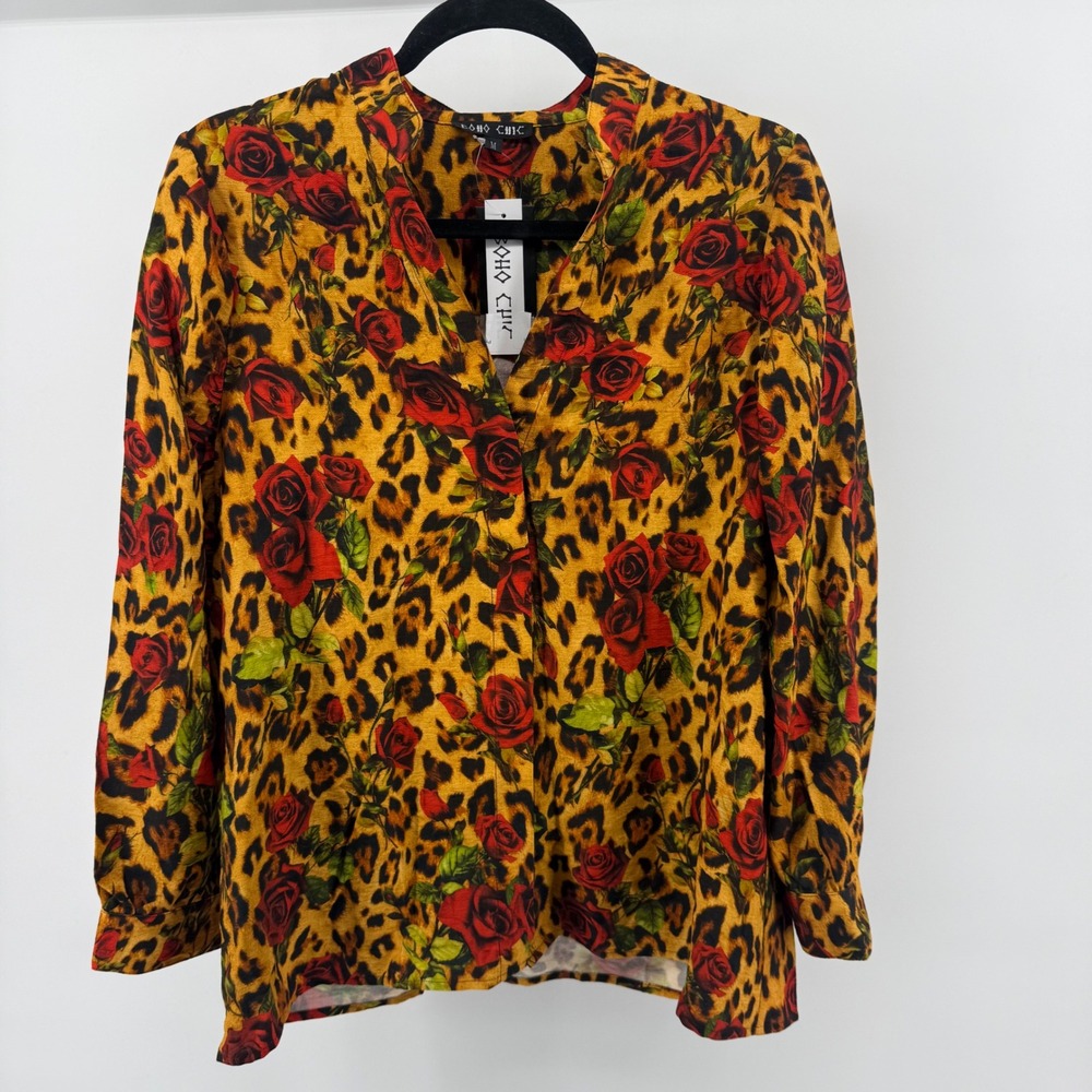 Boho Chic Leopard Rose Print Button Down Long Sle… - image 10
